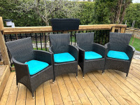 Patio Chairs- 4 Pcs resin wicker-dark brown with 4 teal cushions