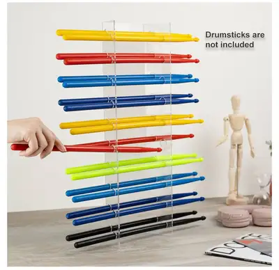 Acrylic display rack for drumsticks. Holds multiple pairs. Vibrant colors: red, yellow, blue, green,...