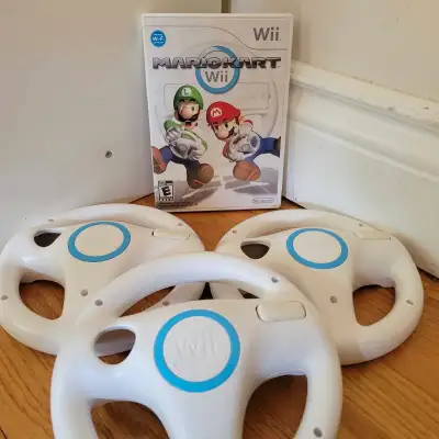 Mario Kart Wii with 3 Nintendo Wheels (CIB), View more