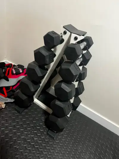 150 LB Coated Hex Dumbbell Weight Set with Vertical Rack, View more