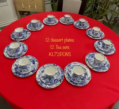 12 trio sets ( 18 cm dessert plates & tea sets) Antique Royal Crown Blue Mikado Bone China -England...