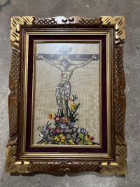 Vintage Needlepoint Art (With Frame) - Crucifix / Jesus on the C