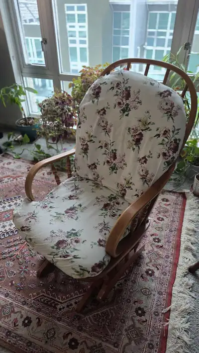 Comfortable Wooden Rocking Chair – Handmade Floral Cushions, View more