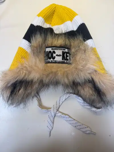 GONGSHOW Hockey Trapper Hat•Faux Fur Ear Flaps & Skate Lace Tie, View more