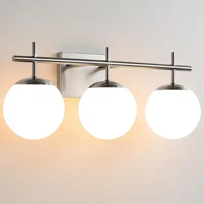 3-Light Brushed Nickel Bathroom Vanity Light, 22.4" Globe Glass, View more