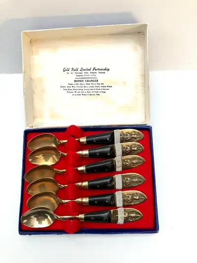  six vintage Thai Siam bronze and rosewood demitasse spoon, View more