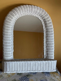 White wicker mirror with shelf - like new