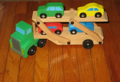 Melissa & Doug Car Carrier Truck and Cars Wooden Toy Set With 1 Truck and 4 Cars - like new from a s...