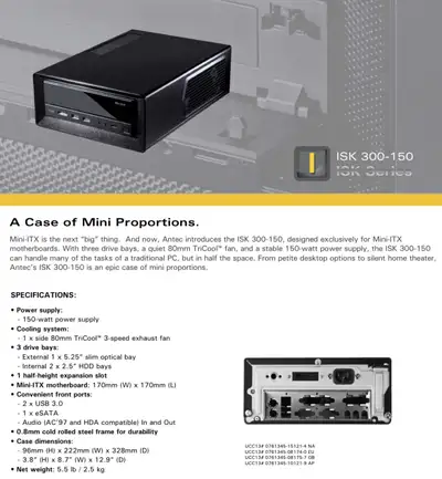 Antec ISK300-150 Mini-ITX desktop computer case w Power supply, View more