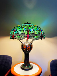 32" H * 22" D Vintage Tiffany Style Lamp, Stained Glass lamp, Dr