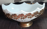 2 pc Vintage Milk Glass Fruit Bowl with Brass Stand 