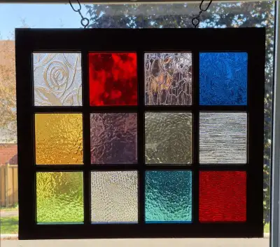 Vintage window frame with stained glass, View more