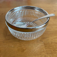 Small Serving Bowl w/Silver-Plated Rim & Spoon (EUC)