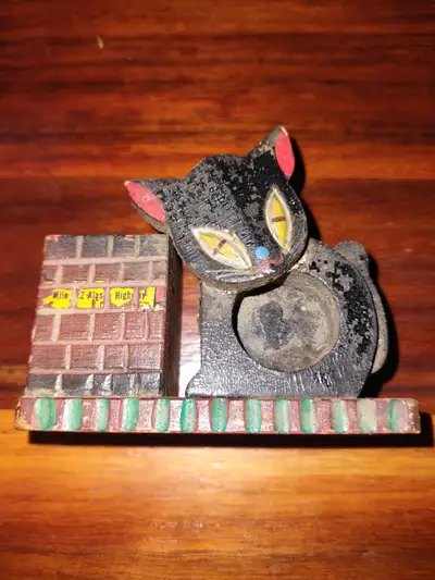 Black Cat Toothpick or Matchstick Holder. Very old and rare. Made of wood. Excellent condition. 2 3/...