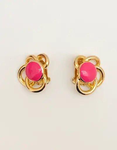 Vintage Gold Plated/Pink Enamel Clip on Earrings, View more