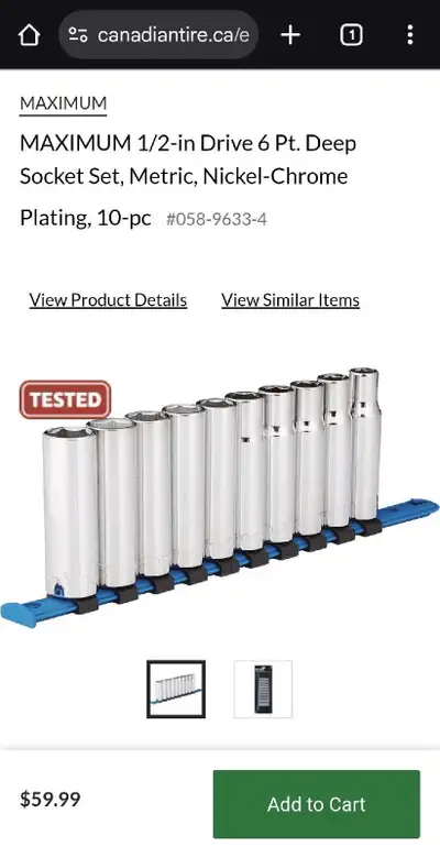 Brand New MAXIMUM 1/2-in Drive 6 Pt. Deep Socket Set. Metric, Nickel-Chrome 10 pieces set Asking $40...