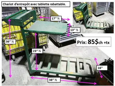 Charriot d'entrepôt 16''large  x 38'' 1/2  long x 36'' 1/2 haut, View more