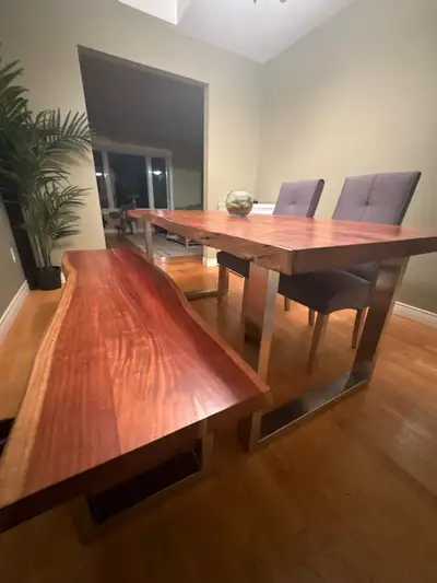 Wood slab dining table and bench , View more