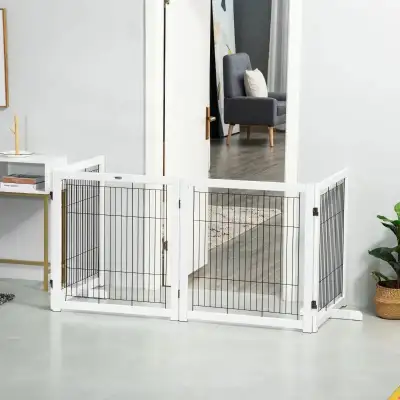Wooden Dog Gate for Small & Medium Dogs 4 Panel w/ Support Feet Foldable Pet Fence for House Doorway...