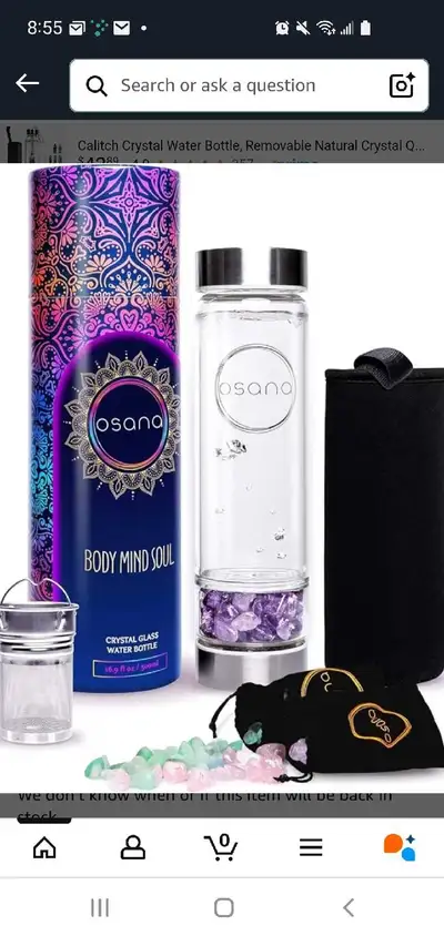 OSANA glass water bottle mind body soul with crystals, View more