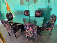 LARGE BLACK LACQUER TABLE, 6 FLOWER UPHOLSTERED CHAIRS & BUFFET