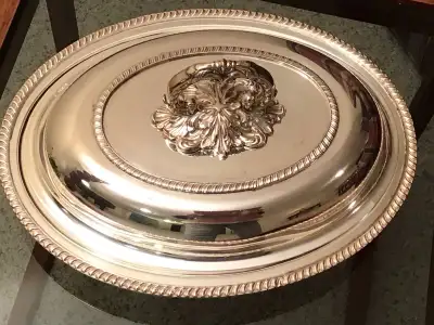 silver covered vegetable dish, View more