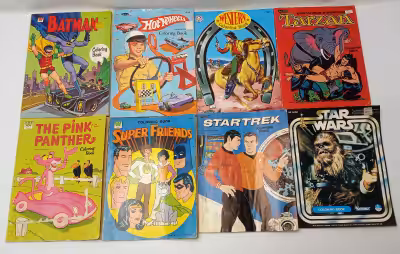 1960s -70s Colouring Books 1969 Hot Wheels ( 4 pages coloured) $40 1967 Batman Whitman 1002 NEW $35...