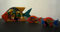 3 Hand Painted Mexican Folk Art Wood Fish