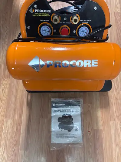 I am selling a Procore Electric Air Compressor. 4.5 Gallon Twin Tank. Used like new. Barely used.