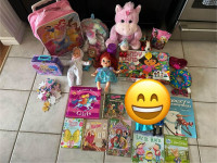 Lot of Kids toys; dolls, books, puzzles,suitcase