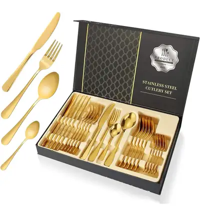 24-Piece Stainless Steel Gold Flatware Set, Kitchen Utensils , View more