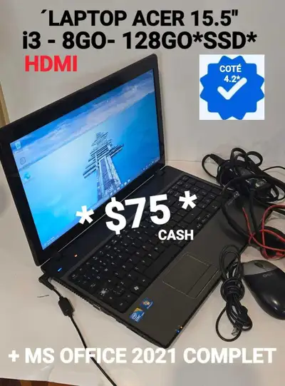 LAPTOP ACER 15.5"- i3 - 8GO-128GO* HDMI, View more