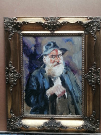 Artiste peinture huile homme barbe chapeau manteau toile tableau