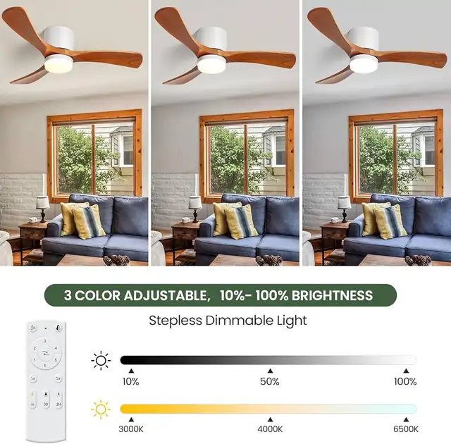 GESUM 42" Flush Mount Ceiling Fan with Lights3 Wood Blades in Indoor Lighting & Fans in Mississauga / Peel Region - Image 3