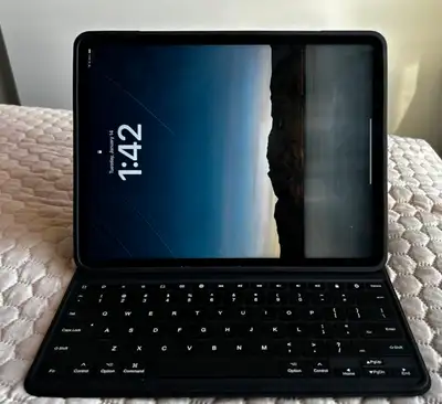 Basically brand new. Used a handful of times. Comes with a case that has a built-in keyboard. 128g.