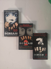 VHS tapes Scream 1, 2, and 3