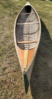 Antique 16ft ribbed cedar strip canoe