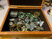 Old Wood Box Full of Vintage Jewelry