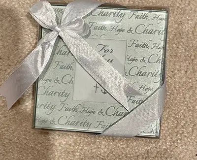 These glass photo coasters favors are versatile and can be used as place card holders, baptism/commu...