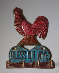 Vintage Brass Country Red Rooster Wall Mount Key Holder Rack