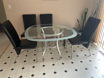 DINETTE SET. Table: Square glass & metal. Height: 75cm. Glass: 114cm. Table in very good condition....