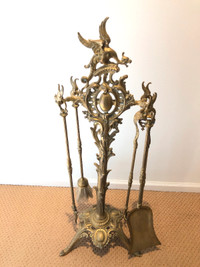 BRASS 5 PC FIREPLACE TOOLS STAND DRAGON GRIFFIN VICTORIAN MEDALL
