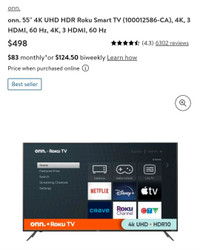 ON SALE LIMITED TIME! 55" Onn 4K ROKU SMART LED TV $289.99