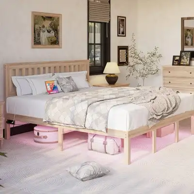 [no tax]Natural Solid Rubber Wood King Bed Frame with Outlets, View more