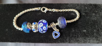 Silver tone bracelet with Blue Glass Charms and Rhinestones