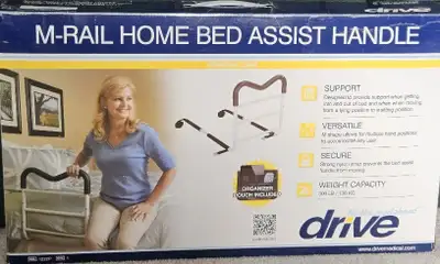 Drive Medical M-Rail Home Bed Assist Handle with Pouch Adjustable Contoured Bed Rail with Multiple G...