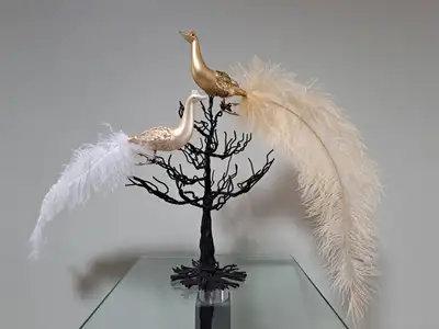 5 Glass Peacock Ornaments With Feather Tail - Made in Germany, View more