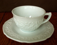 VINTAGE MILK GLASS CUP AND SAUCER (EMBOSSED FLOWERS)