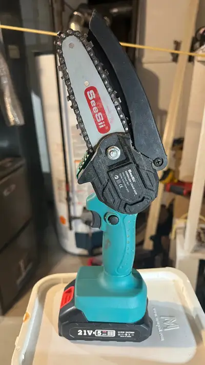 A small electric chain saw with two batteries. Charger, two chains, pick up near the junction of 407...