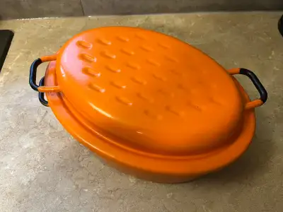 Vintage cast enameled cast iron roaster, View more